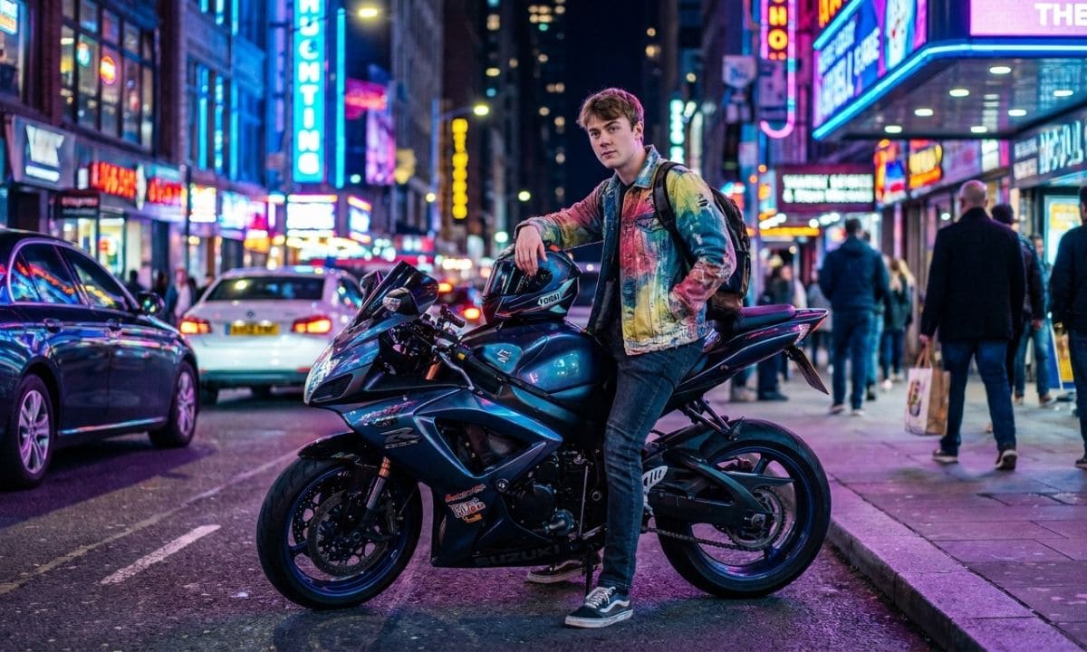 Rider leaning on sport bike in neon city street for trendy bike captions