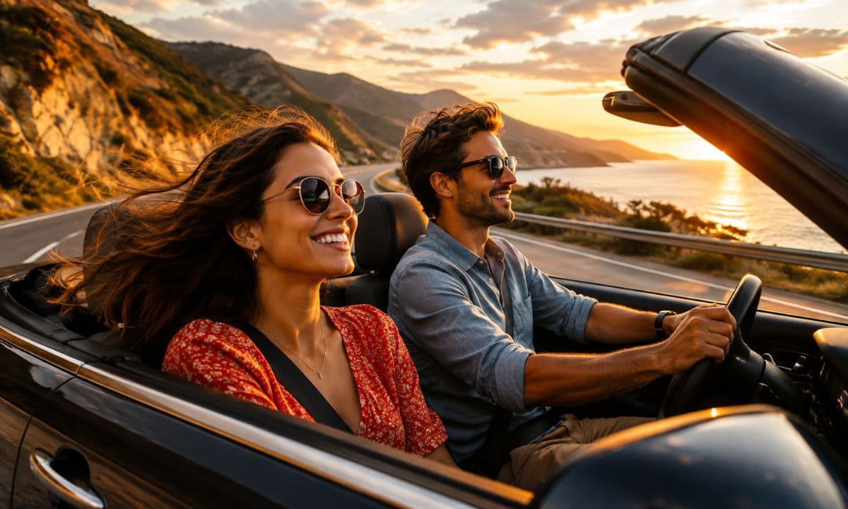 Road trip love captions couple driving scenic highway sunset