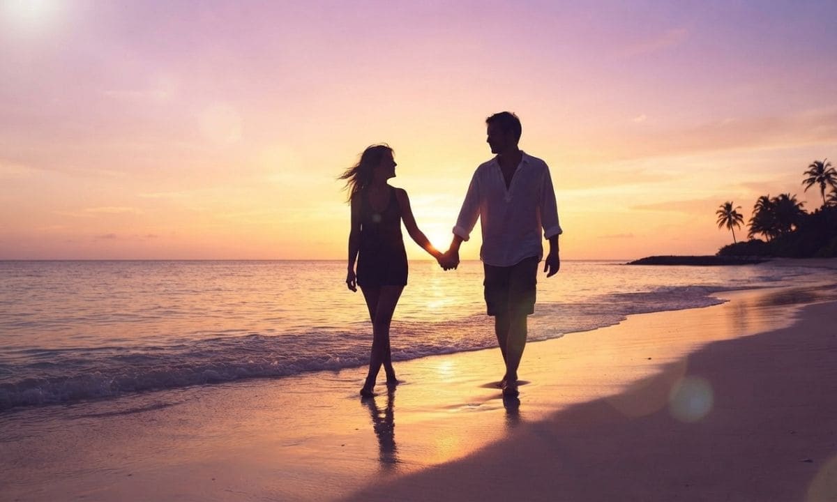 Romantic beach sunset scene for honeymoon vacation captions for Instagram