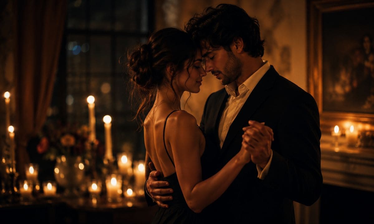 Romantic boyfriend moments caption couple dancing by candlelight