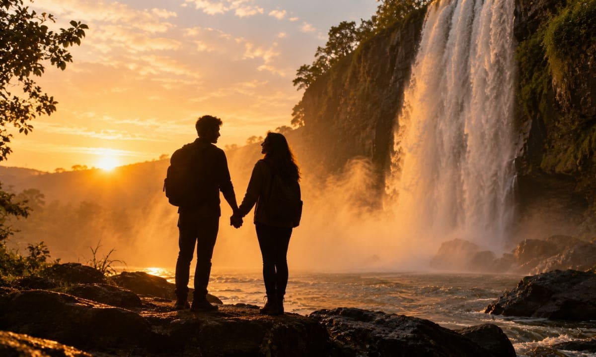 Romantic waterfall captions for Instagram with couple silhouette near waterfall