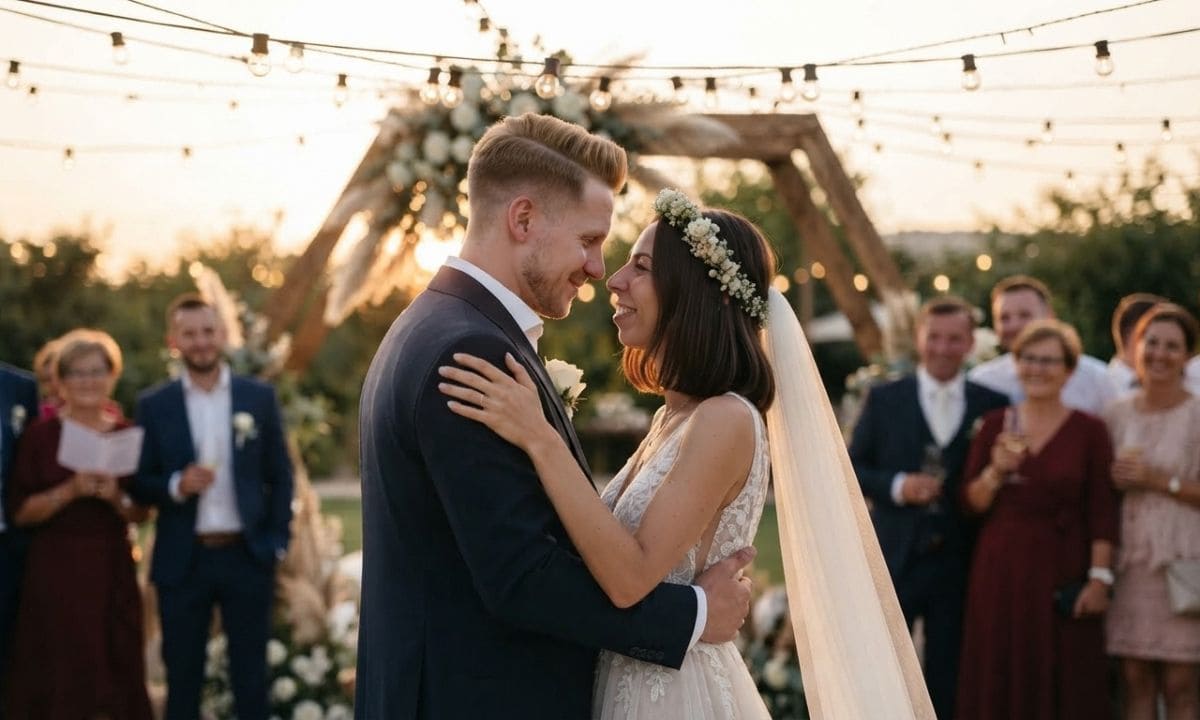 Romantic wife captions couple dancing together at sunset