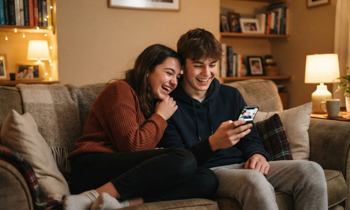 Short sibling one liners caption image showing siblings laughing together at home Short sibling one liners caption image showing siblings laughing together at home