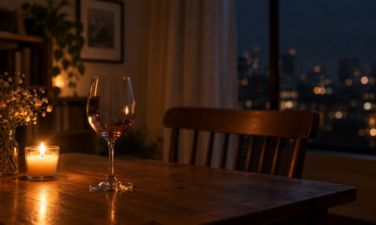 Single wine glass on a table representing drinking alone captions
