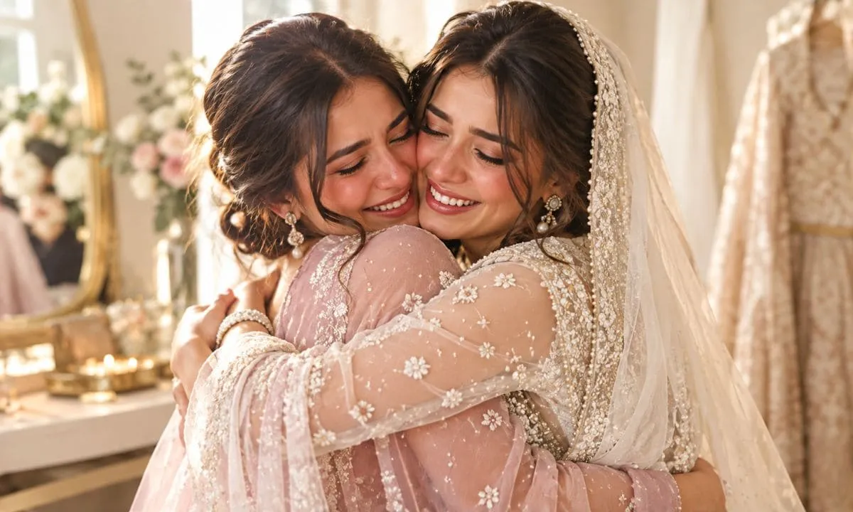 Sisters hugging before a wedding ceremony.