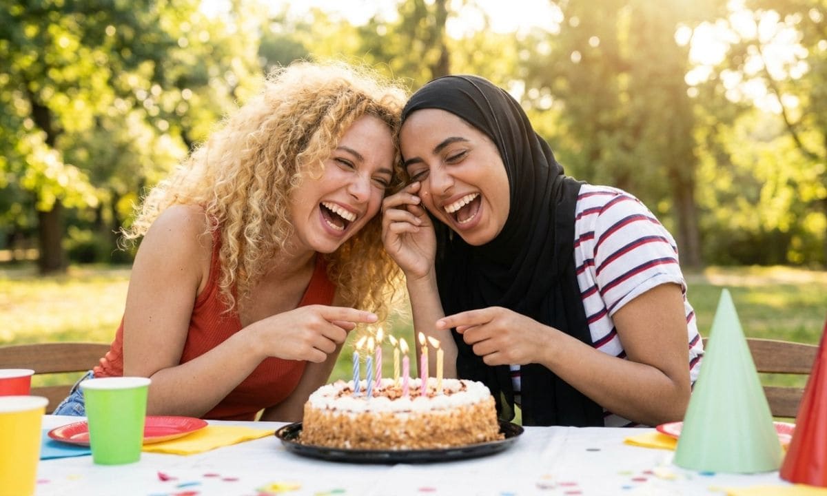 Sisters laughing together during funny birthday celebration