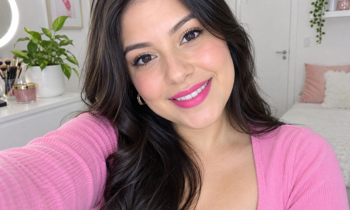Smiling selfie in pink for pink selfie captions on Instagram