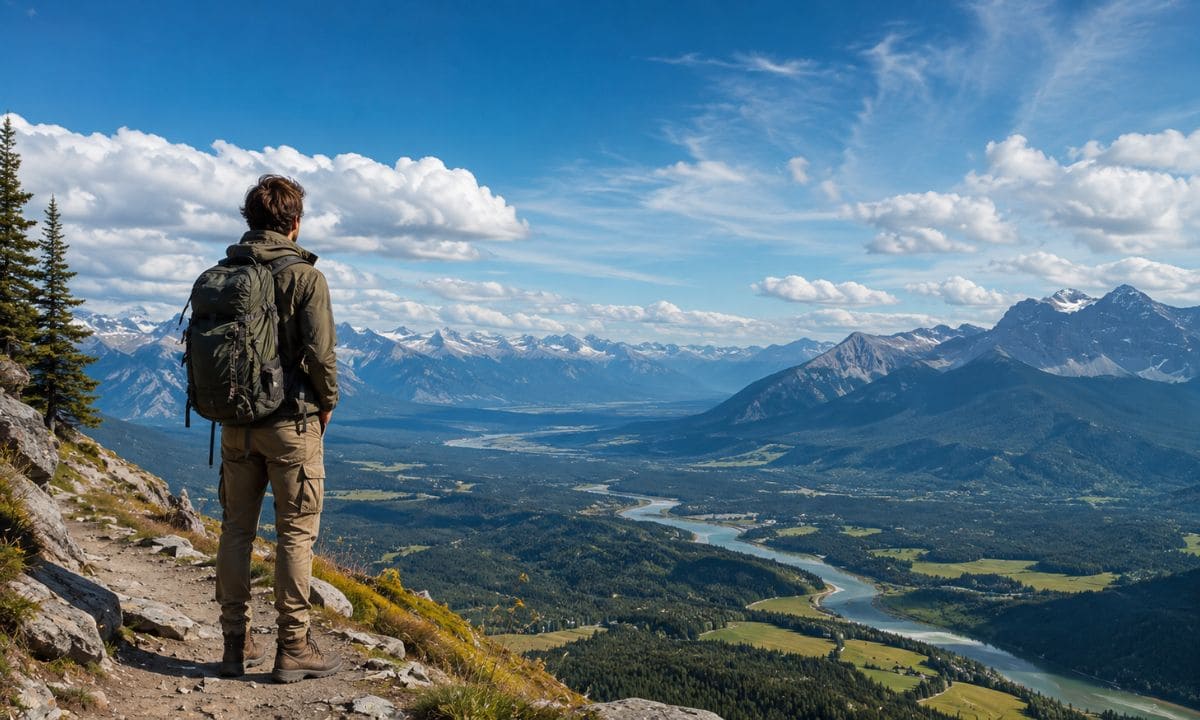 Solo traveler with backpack admiring mountain view alone