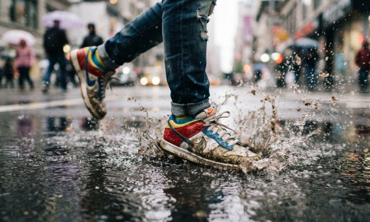Splashing in puddle representing trendy rain captions for Instagram