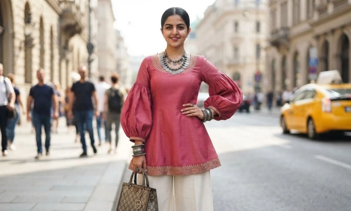 Stylish woman in a tailored kurti for Stylish Kurti captions for Instagram