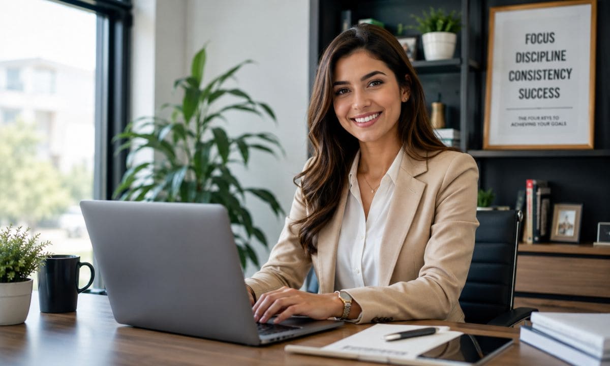 Success mindset baddie captions for Instagram with confident office photo