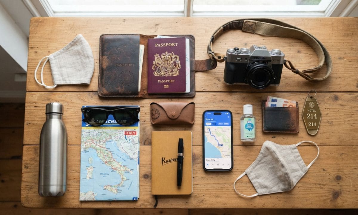 Travel essentials flat lay representing best vacation captions for Instagram