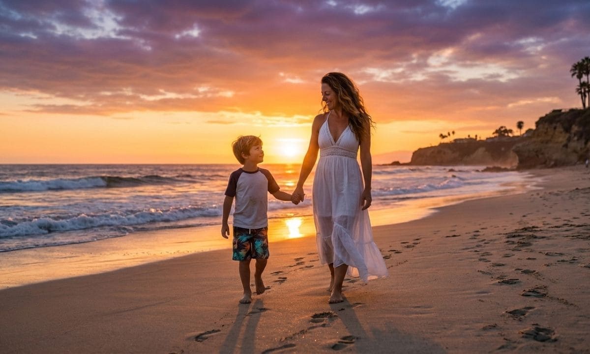_Travel with mother son caption photo at the beach