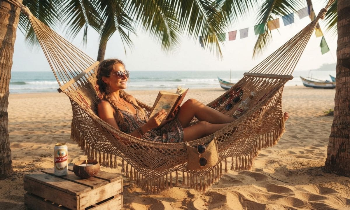 Traveler in a hammock capturing a Goa vibes caption between palm trees