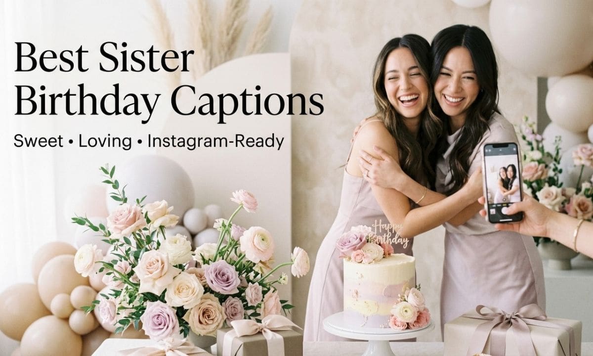 Two sisters celebrating a birthday together with cake, balloons, gifts, and a smartphone for Instagram photos.