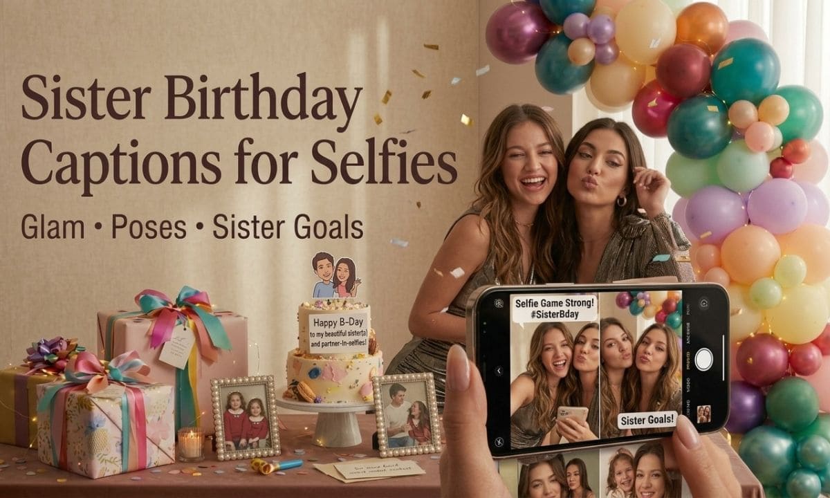 Two sisters taking a glamorous birthday selfie together with cake, balloons, party lights, and coordinated outfits.