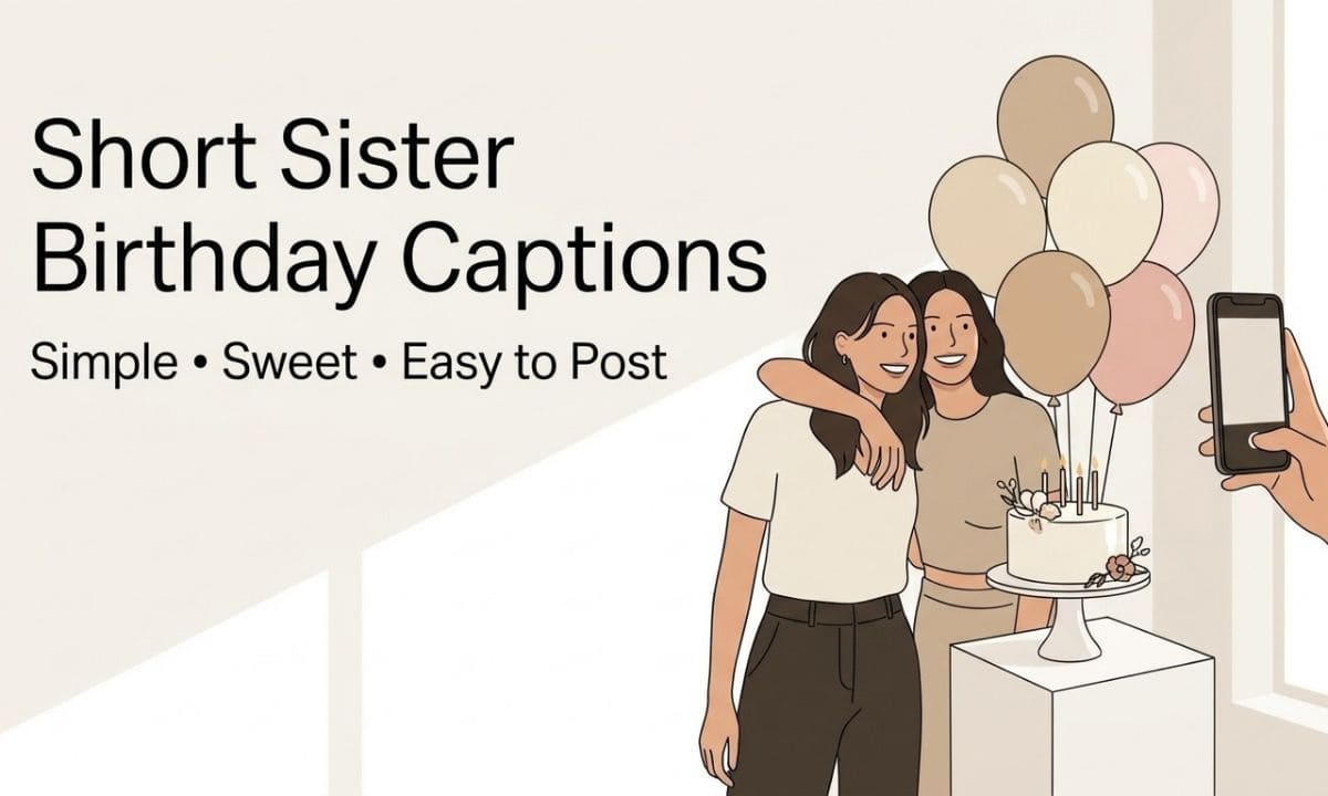 Two sisters taking a quick birthday photo beside a simple cake, candles, and balloons.