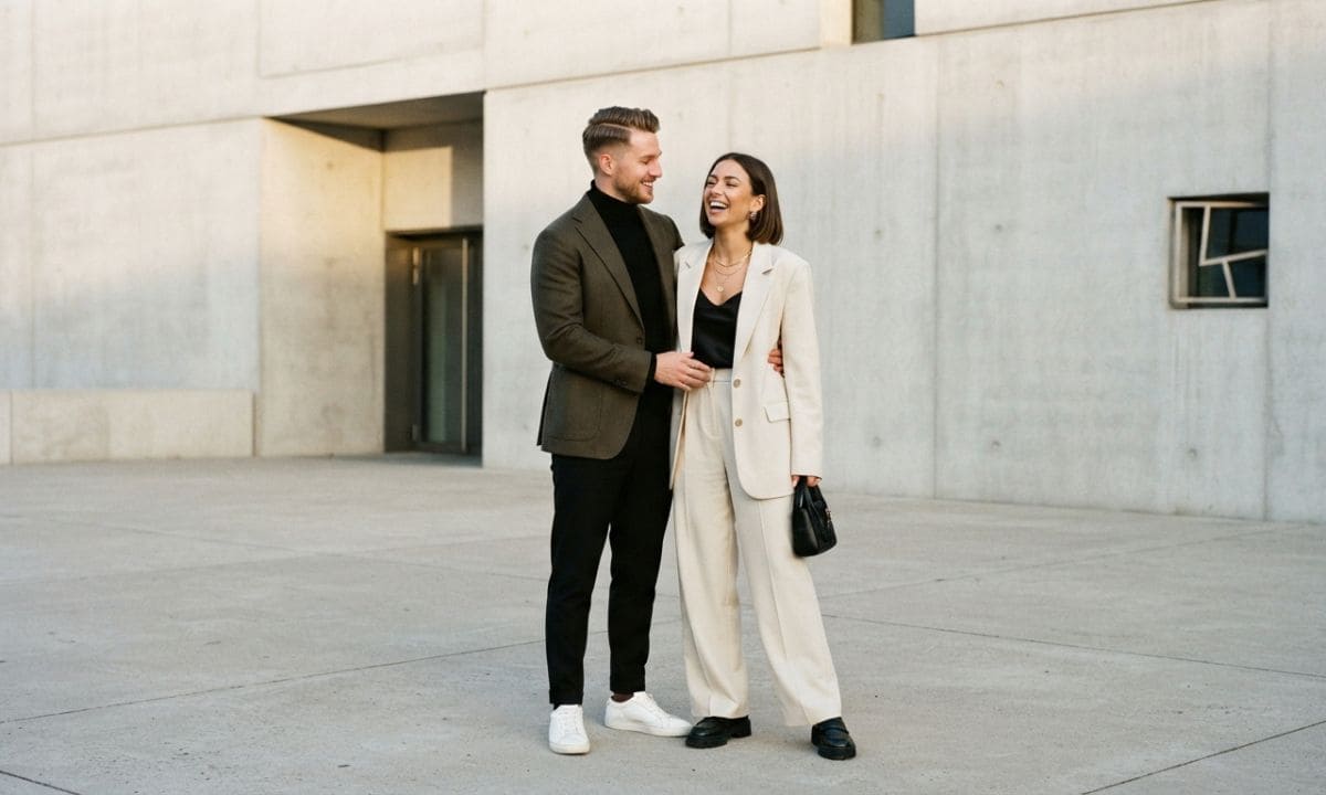 Unique couple captions stylish couple portrait in the city