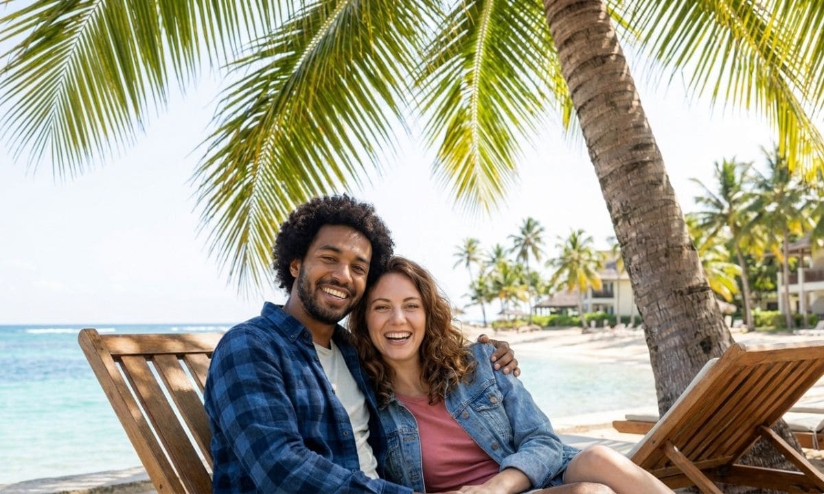 Vacation couple captions relaxing on tropical beach 