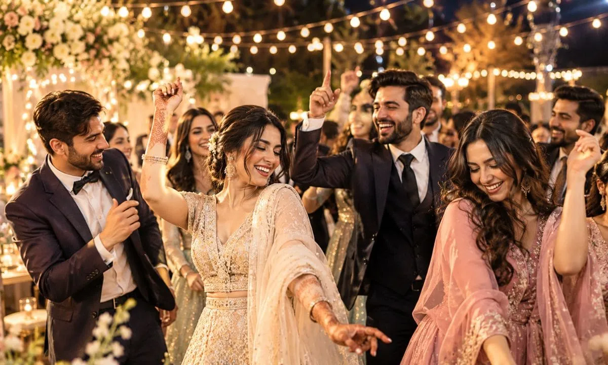 Wedding guests dancing under string lights.