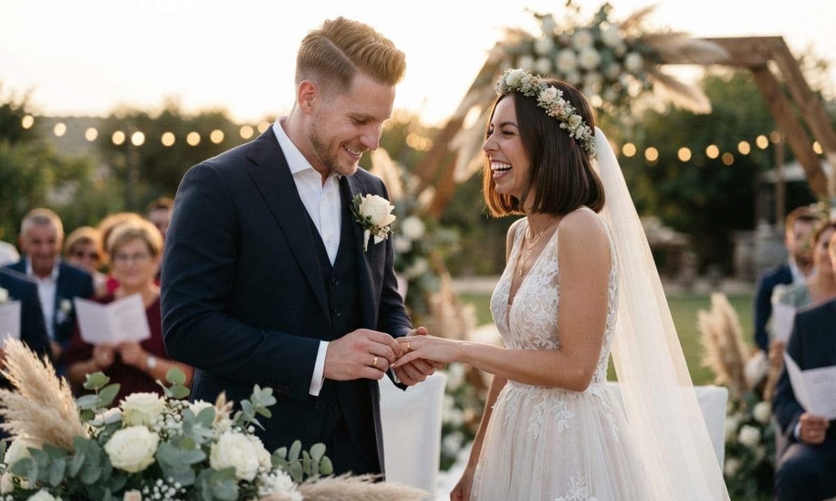 Wedding wife captions bride and groom holding hands at ceremony