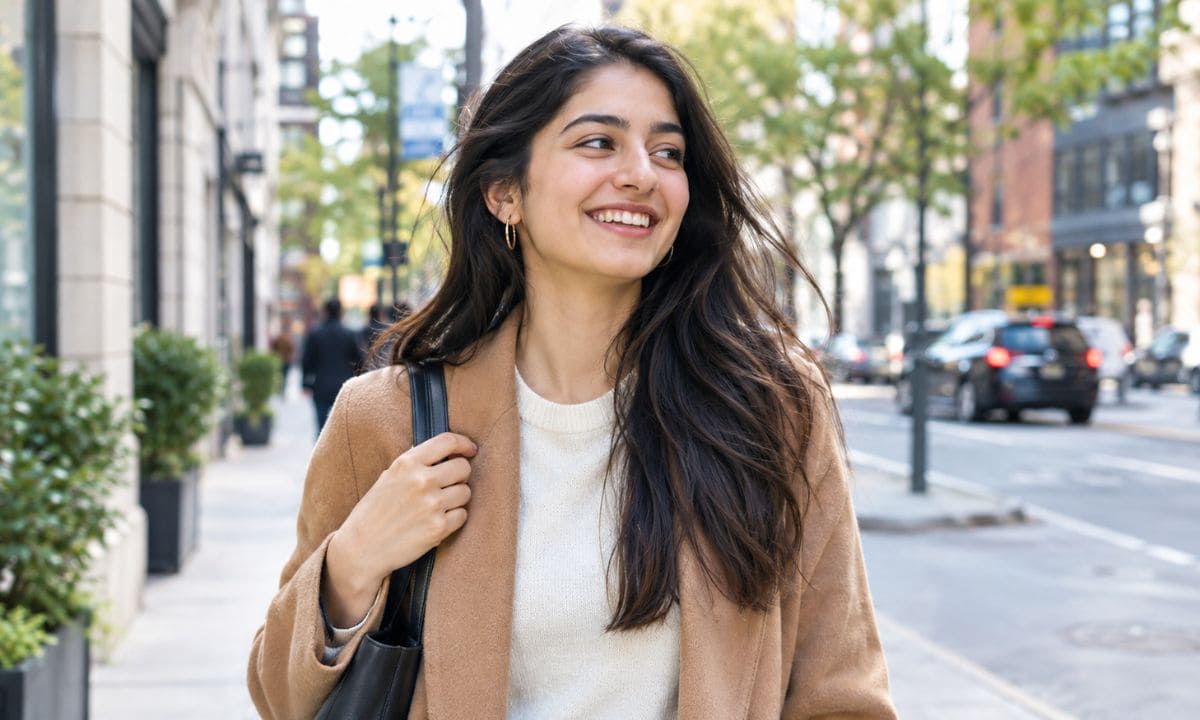 Woman candidly smiling on a city street for candid photo captions 