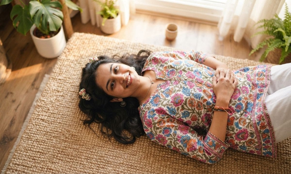 Woman in a colorful printed kurti smiling for best Kurti captions for Instagram