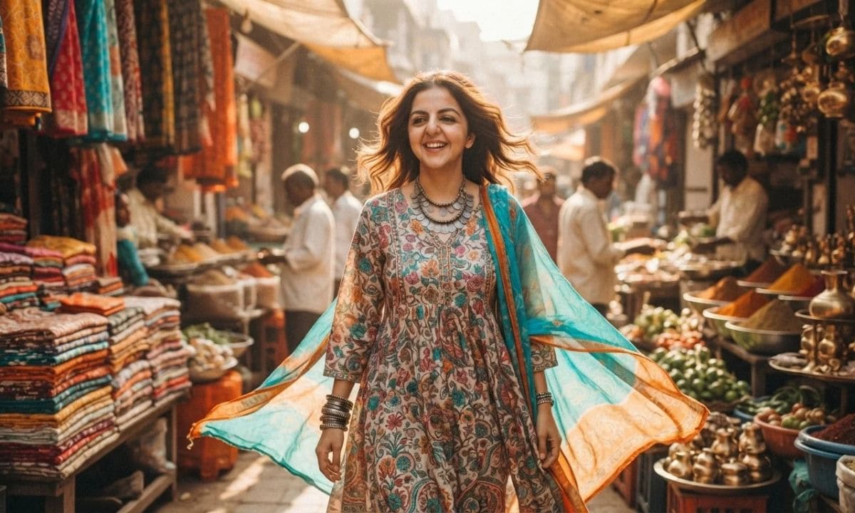 Woman in a flowy printed kurti for Kurti captions for Instagram in English