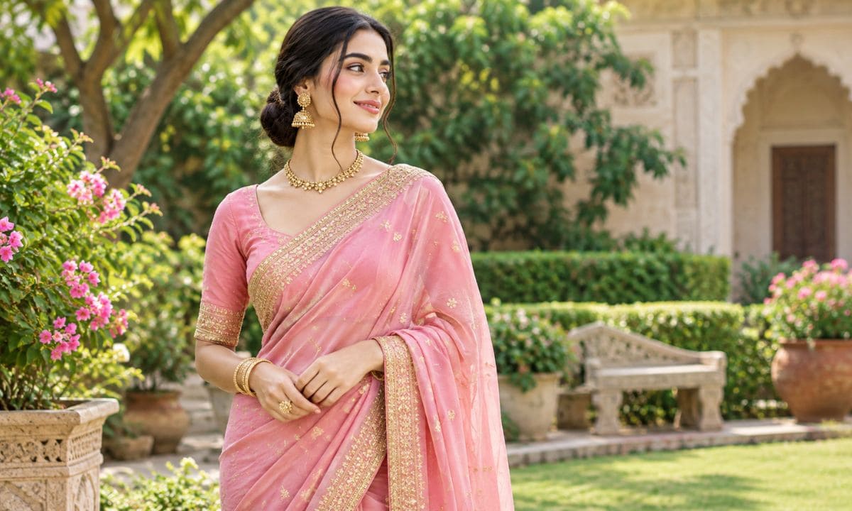 Woman in a pink saree for pink saree captions on Instagram