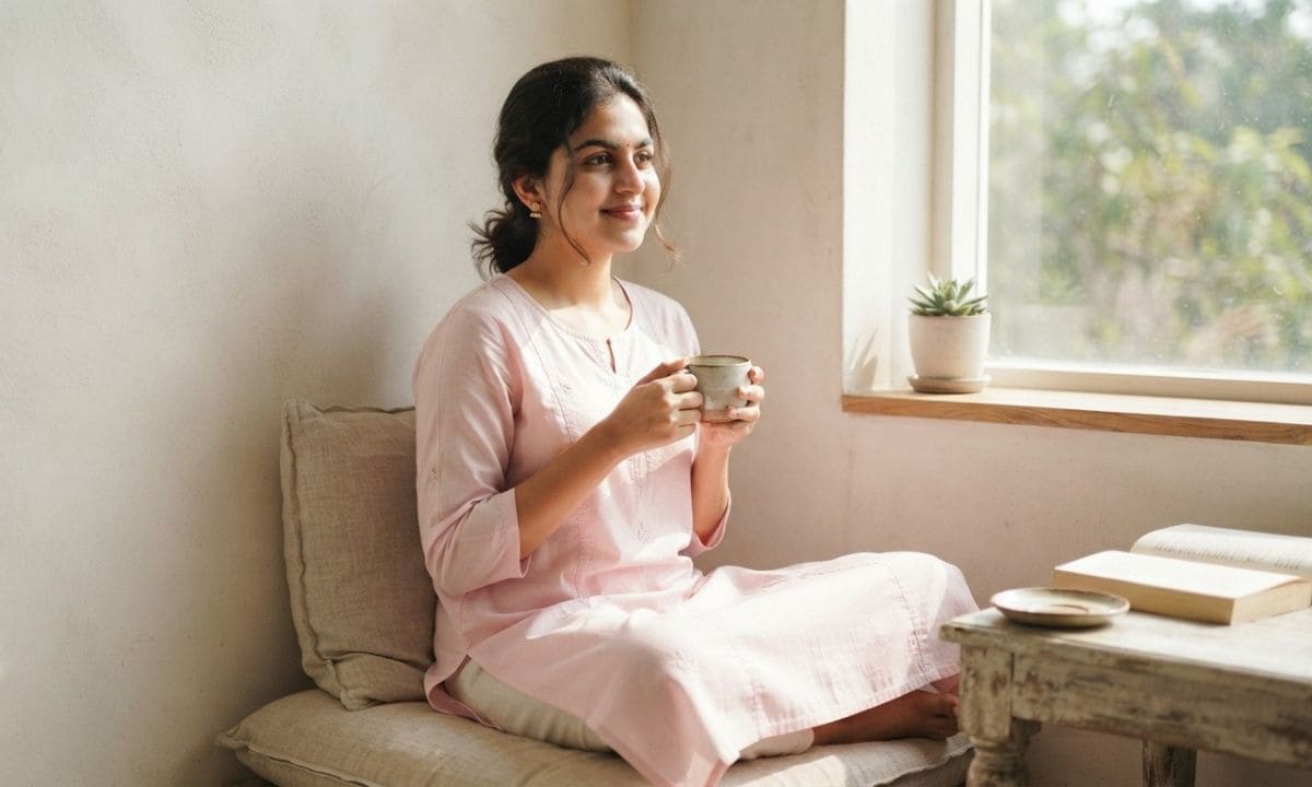 Woman in a plain pastel kurti by a window for Simple Kurti captions for Instagram