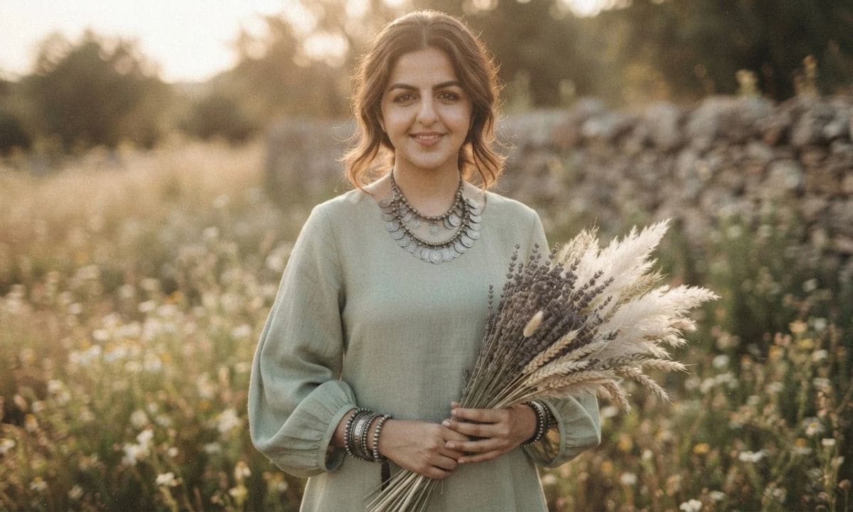 Woman in a sage green linen kurti with dried flowers for Aesthetic Kurti captions for Instagram