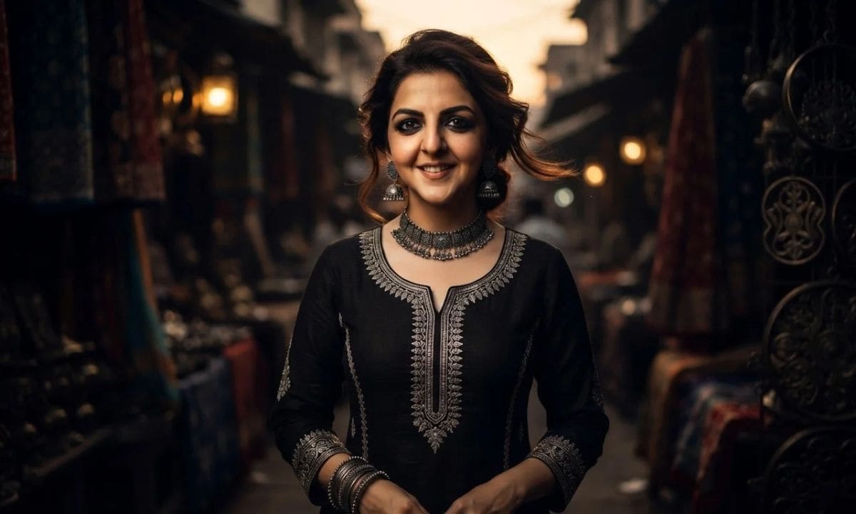 Woman in an elegant black kurti with silver jewelry for Black Kurti captions for Instagram