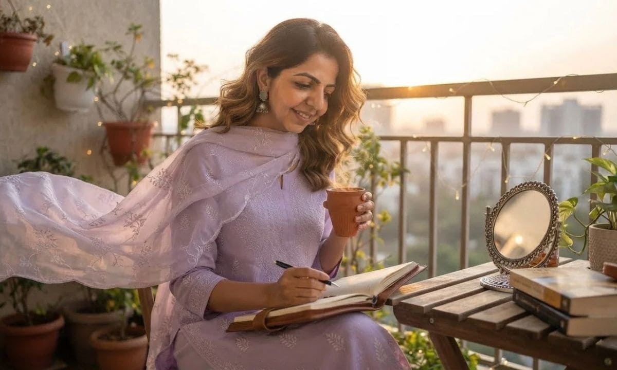 Woman in an embroidered kurti with chai and journal for Long Kurti captions for Instagram
