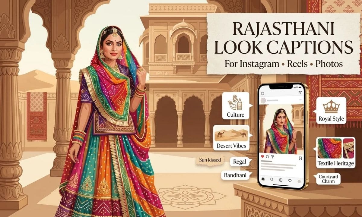 Woman in colorful Rajasthani traditional attire posing in a heritage courtyard for Instagram captions.