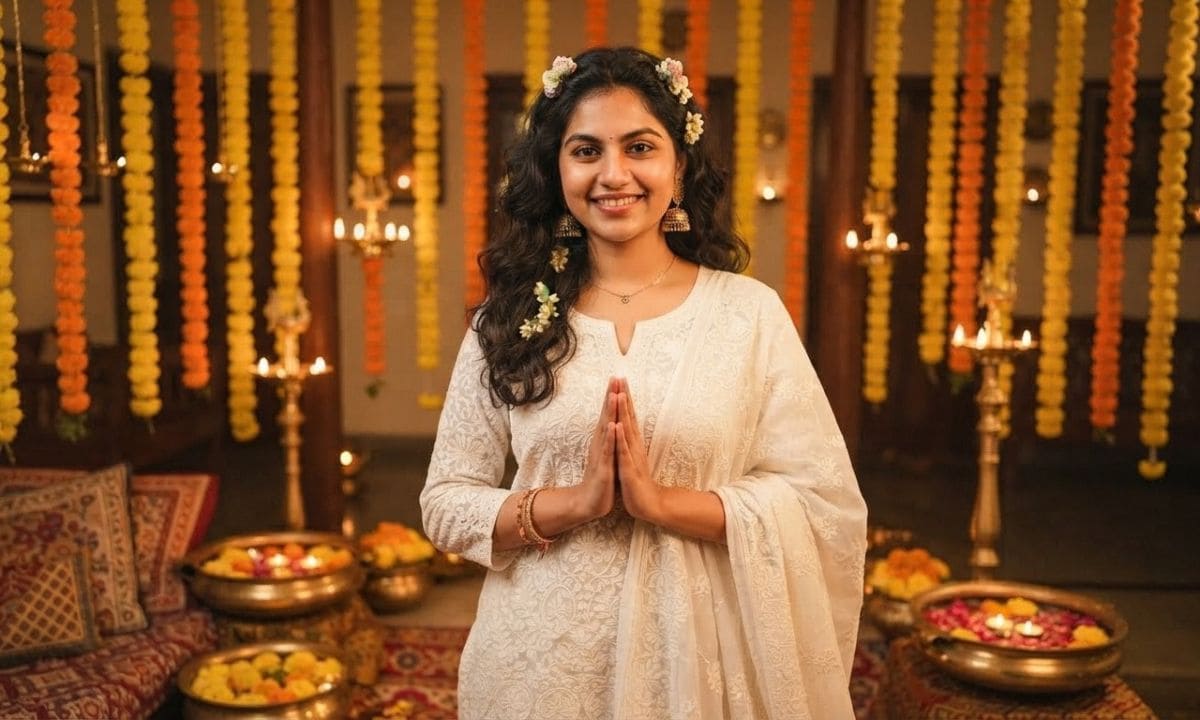 Woman in embroidered traditional kurti with marigolds for Traditional Kurti captions for Instagram