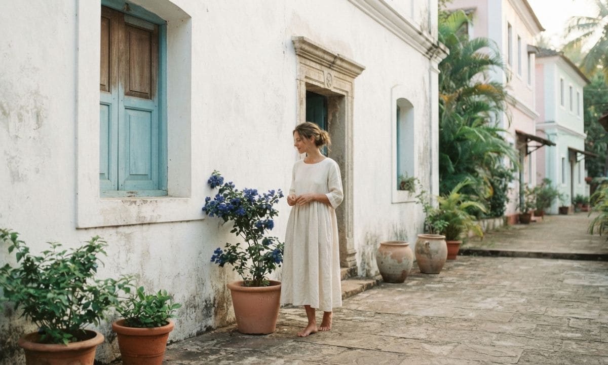 Woman in linen dress near a Goan building for an aesthetic Goa captions post