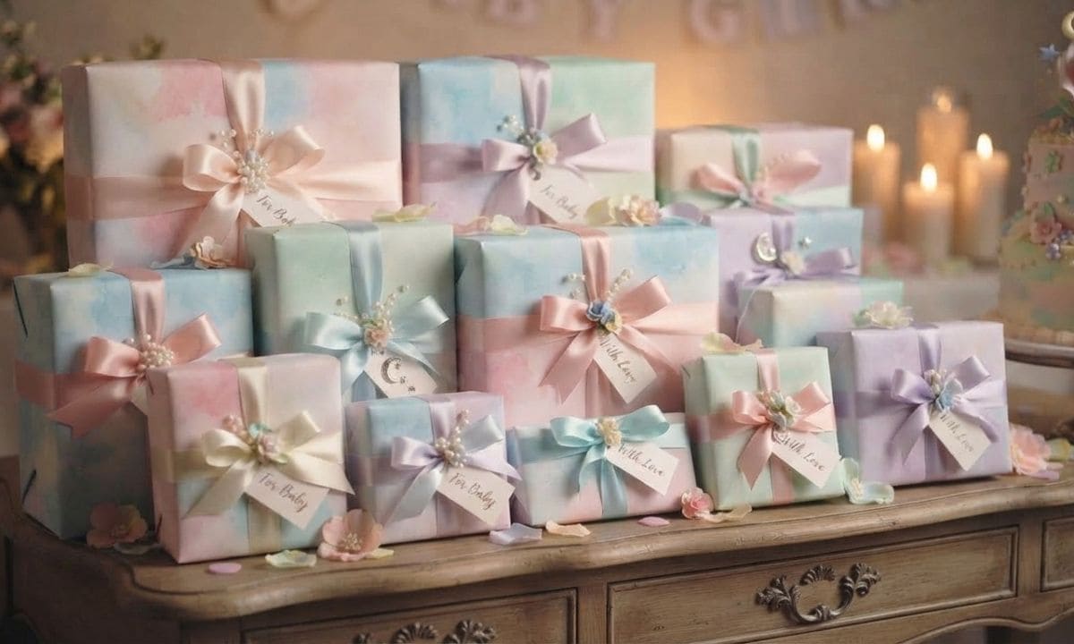 Wrapped baby shower gifts on a decorated table