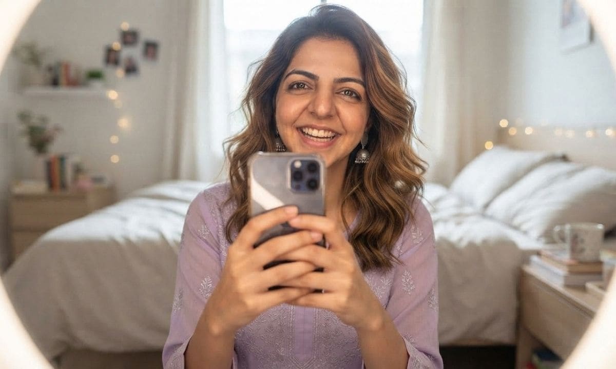 Young woman taking a mirror selfie in a pastel kurti for Kurti captions for Instagram selfies