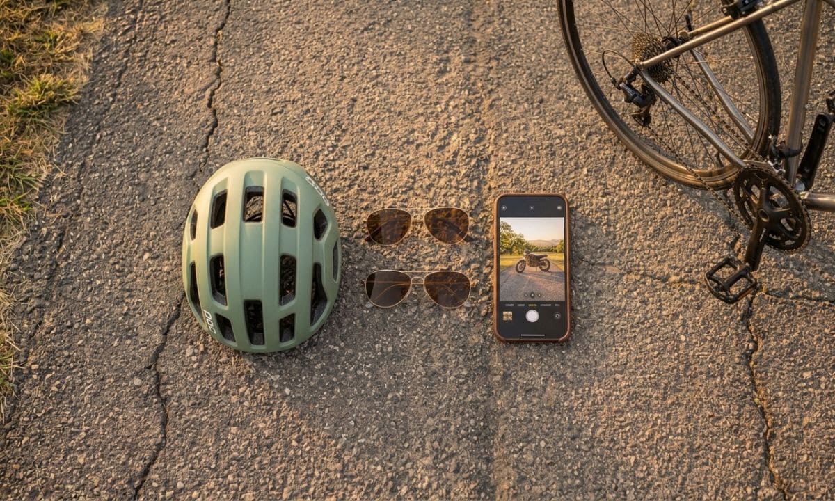 helmet and phone camera beside parked bike for Instagram bike captions