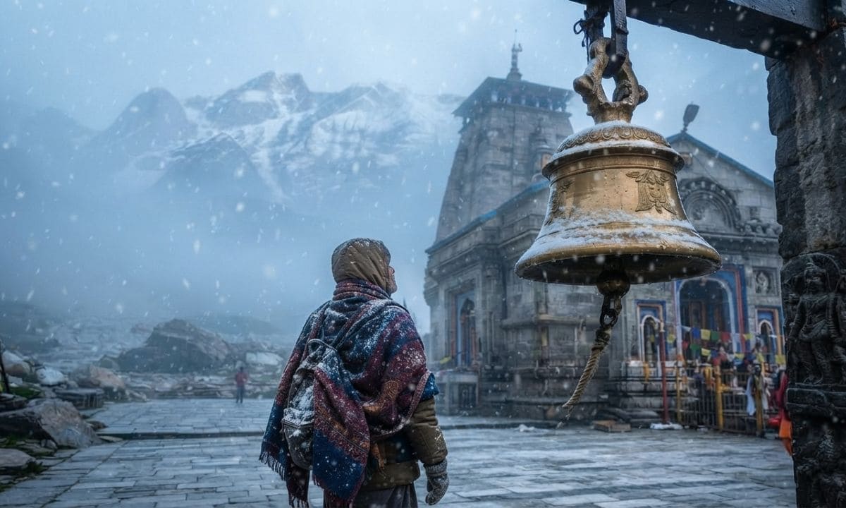 Traveler in warm shawl gazing at Kedarnath temple during snowfall