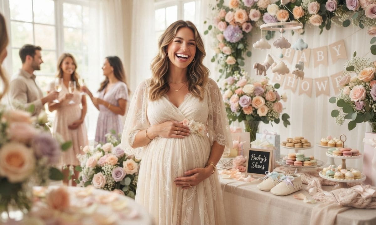 riends laughing at a fun baby shower celebration