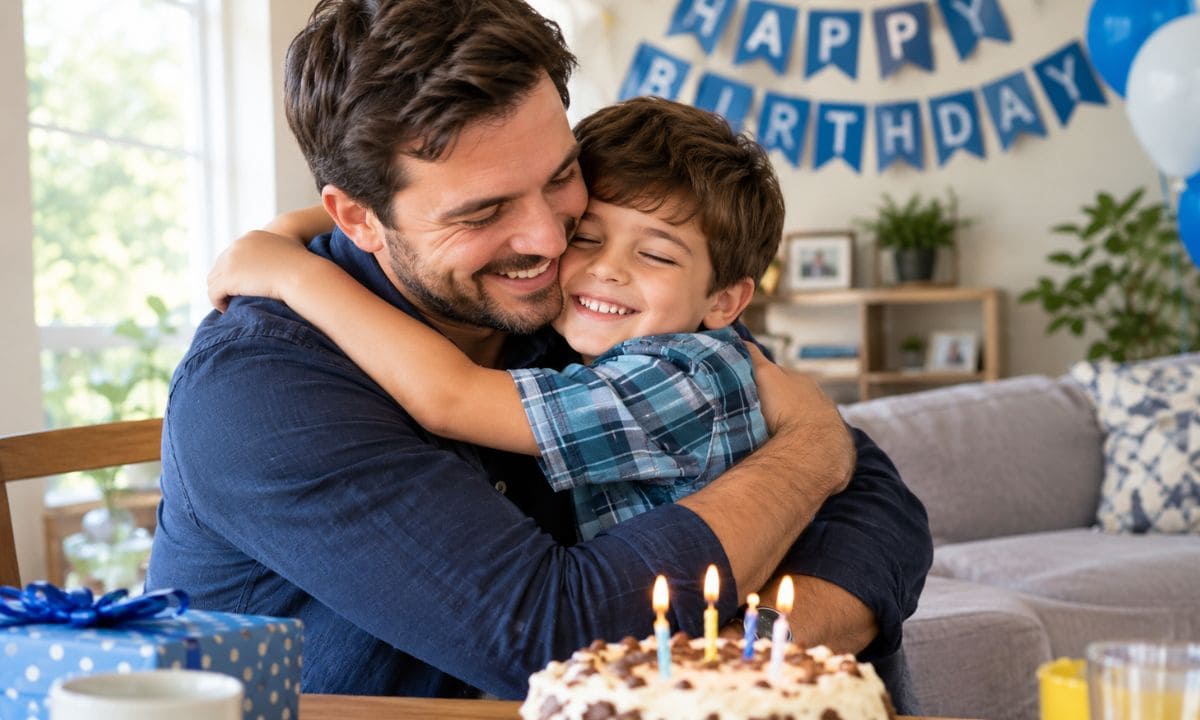 son celebrating a 21st birthday hug