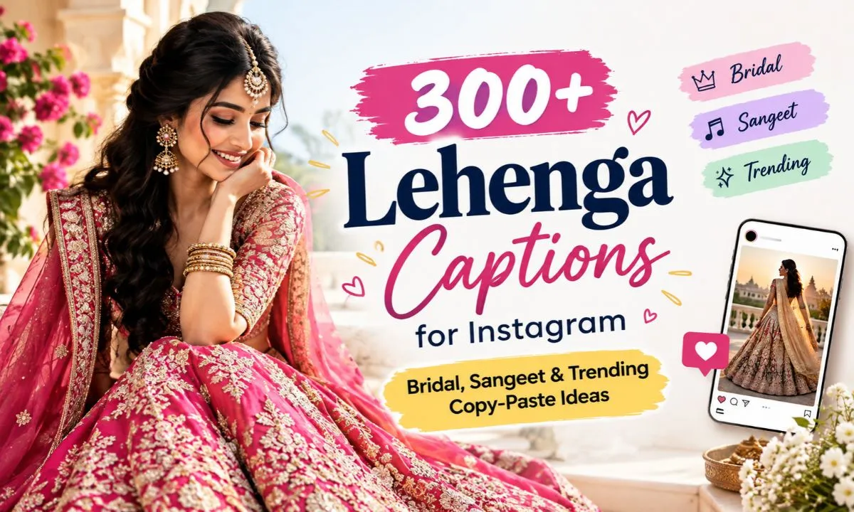 Lehenga Captions for Instagram featuring a woman in a beautiful pink embroidered lehenga, with bridal, sangeet, and trending copy-paste caption ideas for ethnic fashion and wedding photo