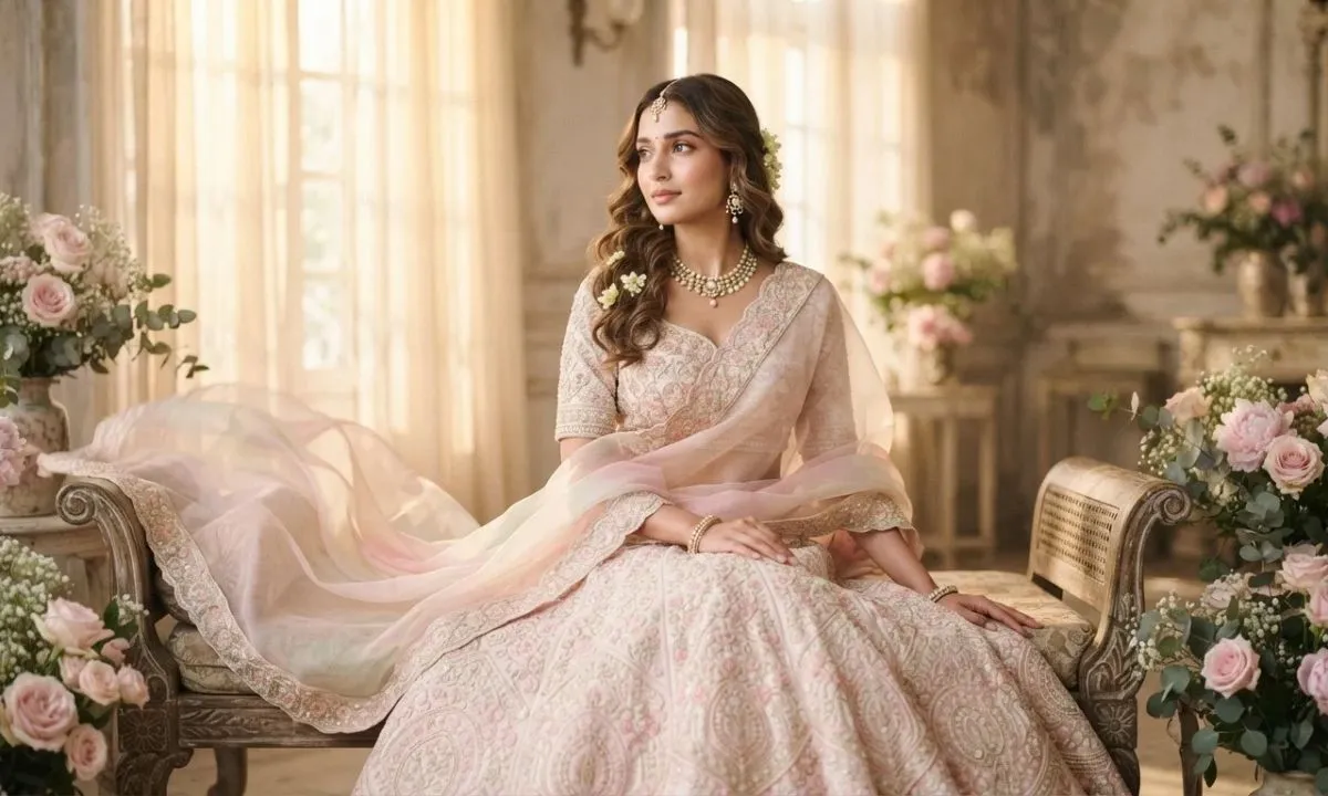 Aesthetic lehenga picture and photoshoot with a pastel Indian lehenga look