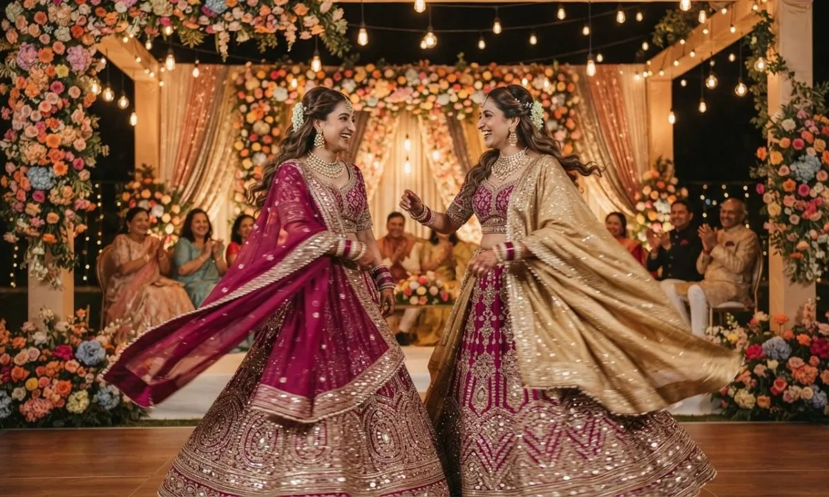 Bride and bridesmaids wearing beautiful lehengas for Indian wedding captions