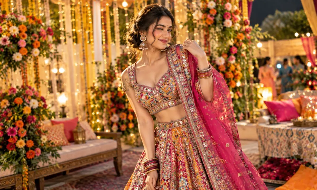 Funny and sassy lehenga captions with a confident woman in a glamorous outfit