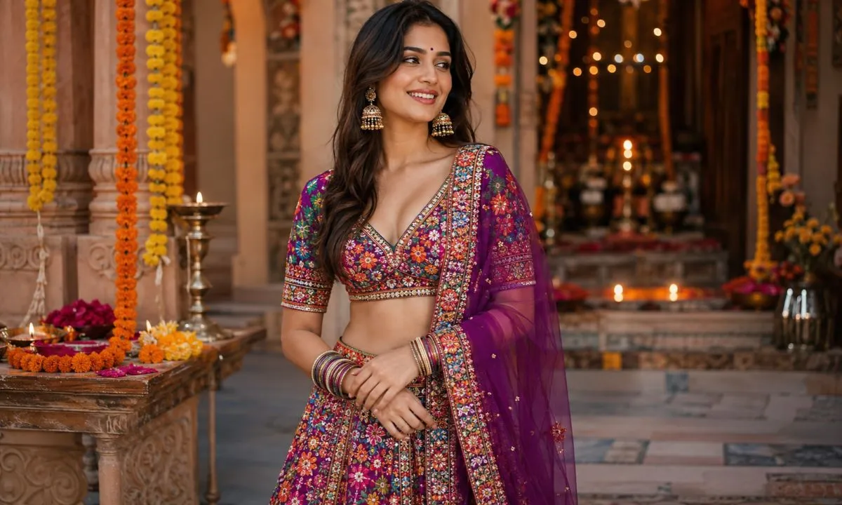 Hindi and Hinglish lehenga captions featuring a vibrant traditional Indian lehenga look