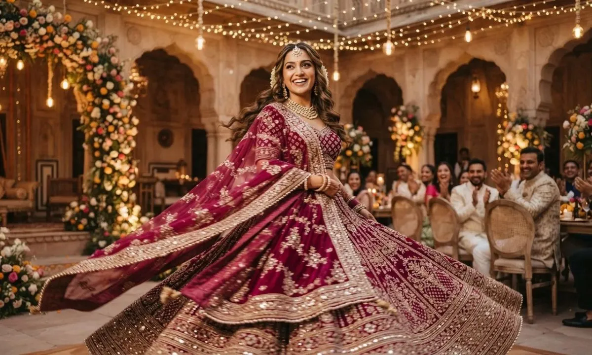 Lehenga twirl and Reel captions showing a woman spinning in a flowing lehenga