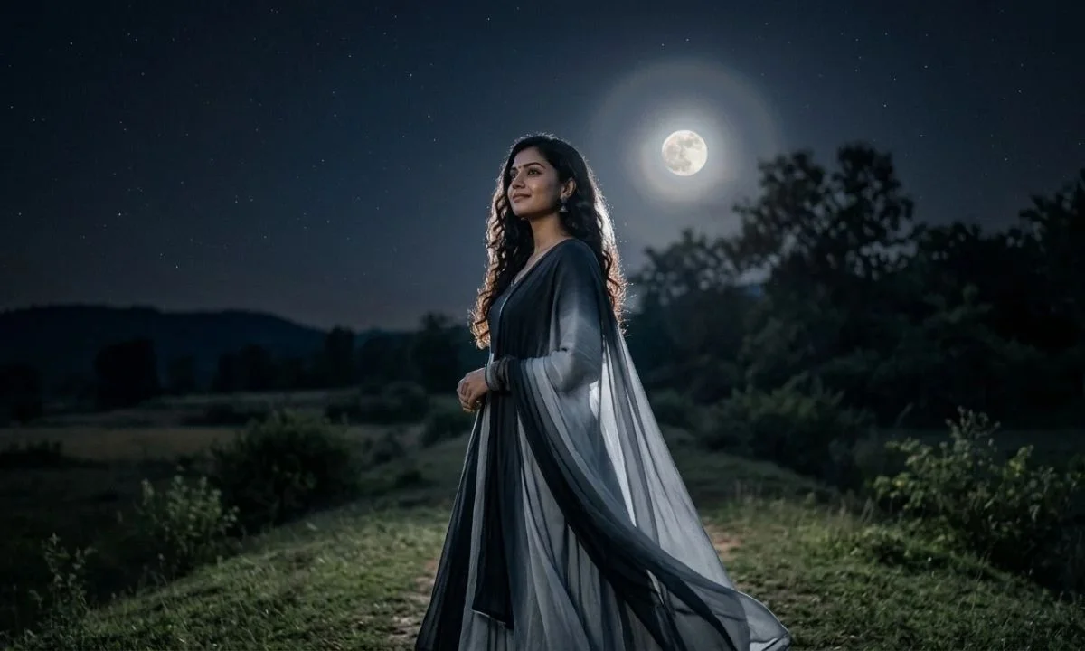 Moonlight captions for Instagram with a woman under the full moon