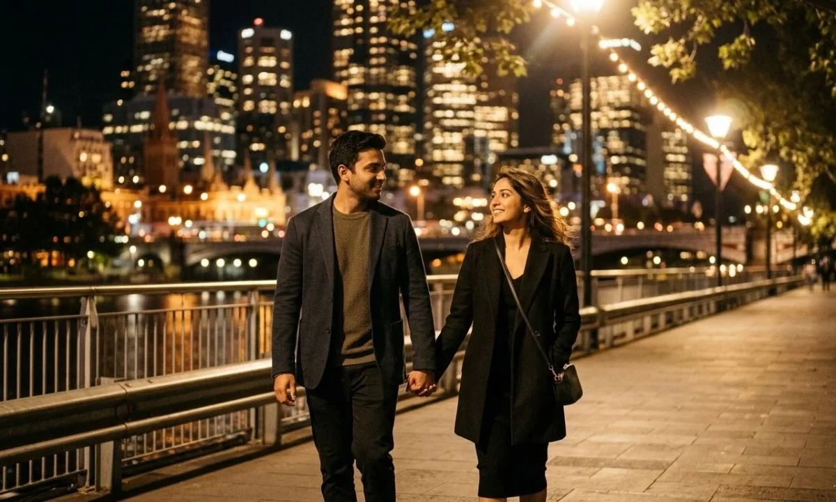 Night captions for couples walking under city lights